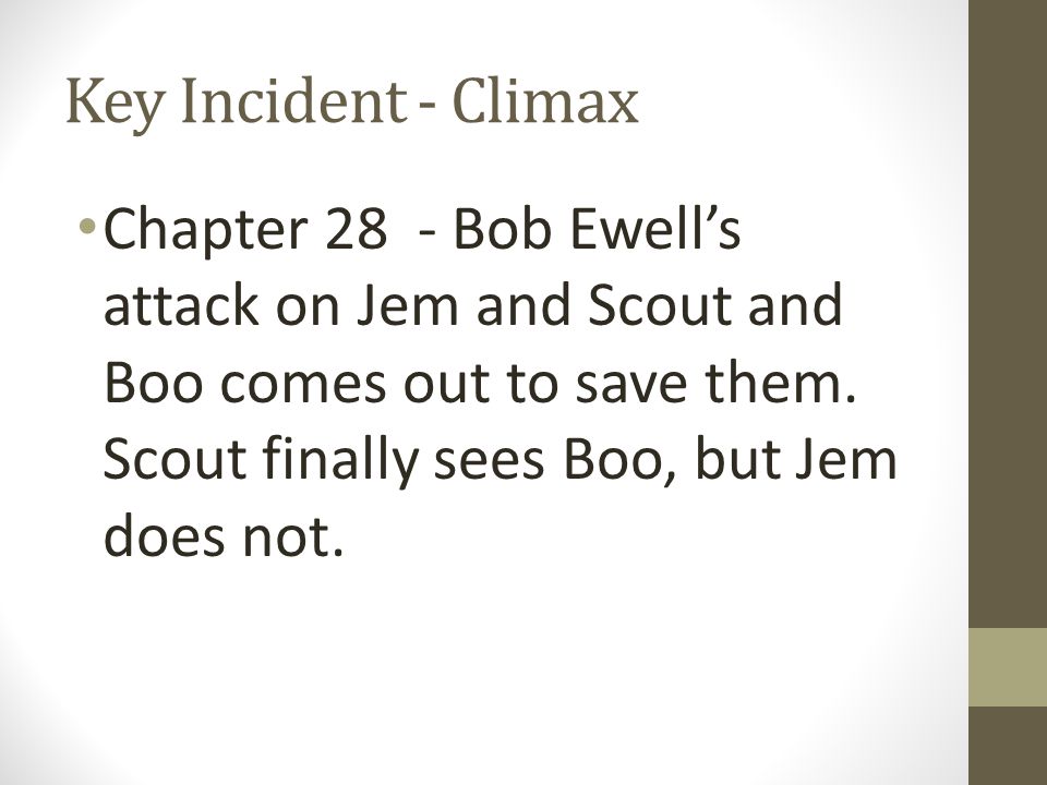 Key Incident - Climax Chapter 28 - Bob Ewell’s attack on Jem and Scout and Boo comes out to save them.
