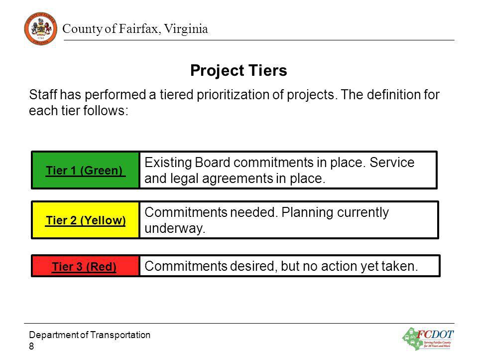 Project Tiers Staff has performed a tiered prioritization of projects. The definition for each tier follows:
