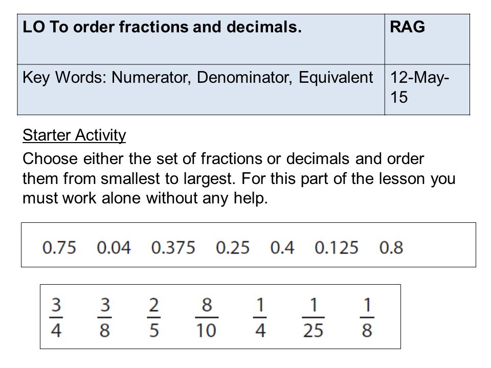 LO To order fractions and decimals. RAG