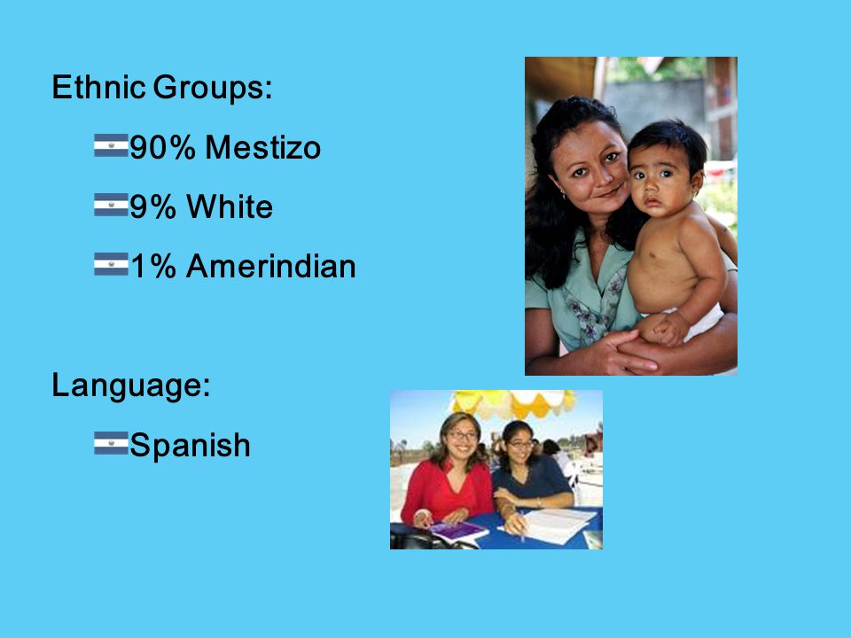 Ethnic Groups: 90% Mestizo 9% White 1% Amerindian Language: Spanish