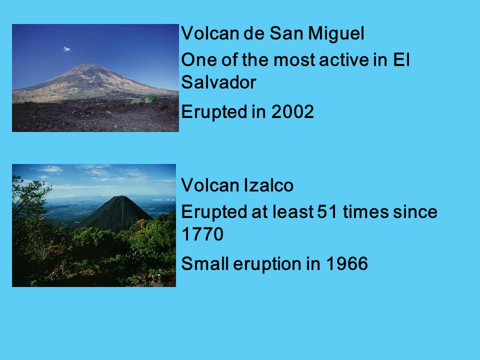 Volcan de San Miguel One of the most active in El Salvador. Erupted in Volcan Izalco. Erupted at least 51 times since