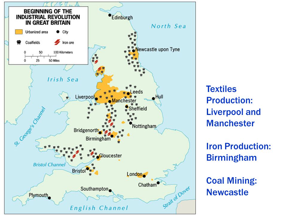 Textiles Production: Liverpool and Manchester Iron Production: Birmingham Coal Mining: Newcastle