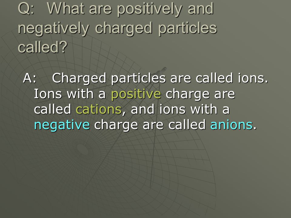Q: What are positively and negatively charged particles called