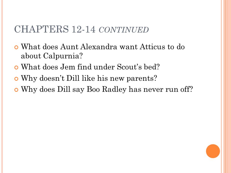 CHAPTERS continued What does Aunt Alexandra want Atticus to do about Calpurnia What does Jem find under Scout’s bed