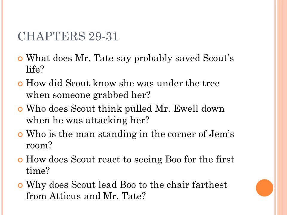 CHAPTERS What does Mr. Tate say probably saved Scout’s life