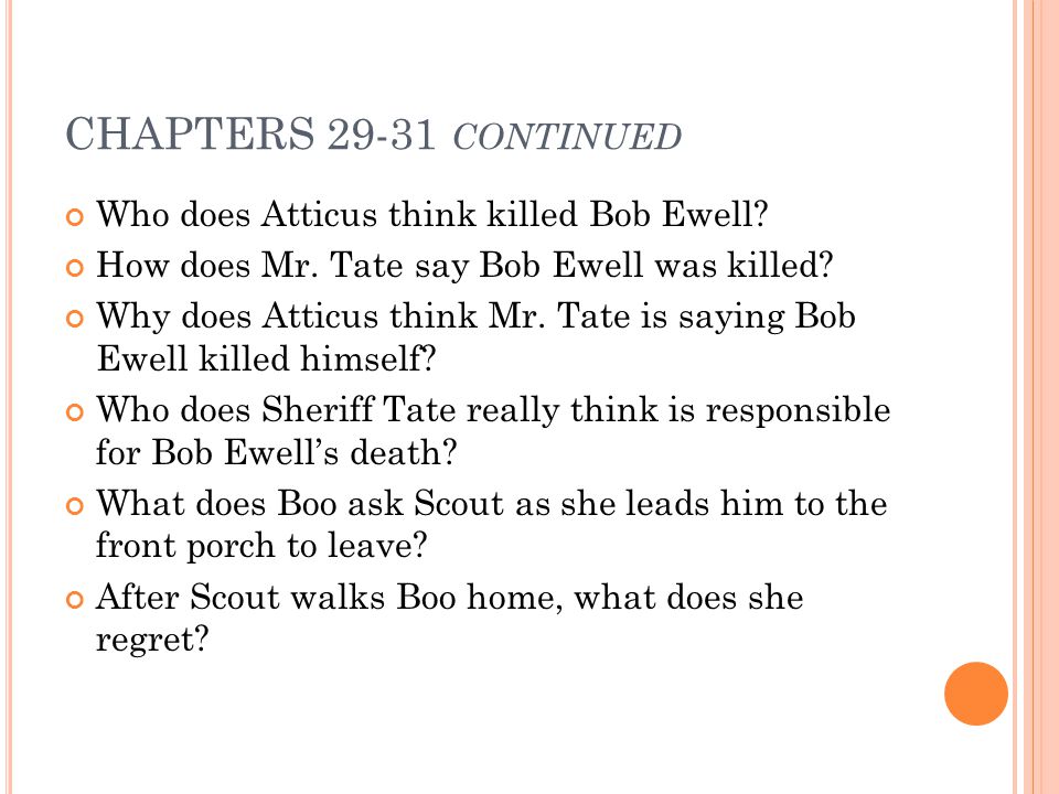 CHAPTERS continued Who does Atticus think killed Bob Ewell
