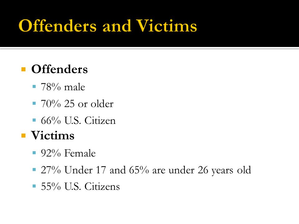 Offenders and Victims Offenders Victims 78% male 70% 25 or older