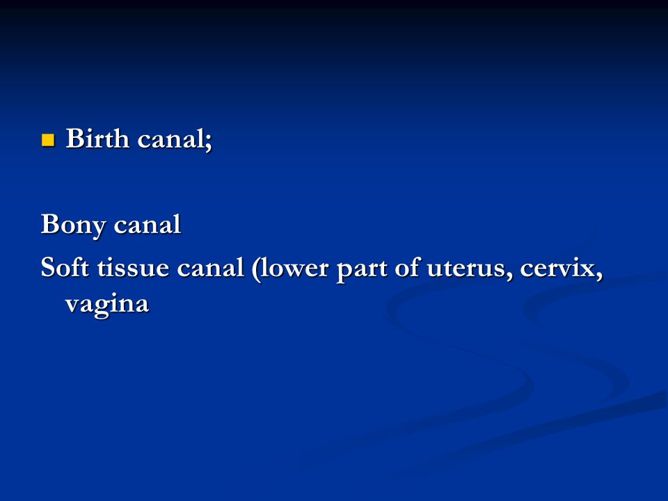 Birth canal; Bony canal Soft tissue canal (lower part of uterus, cervix, vagina