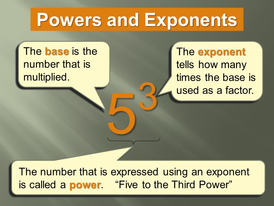 53 Powers and Exponents The base is the number that is multiplied.