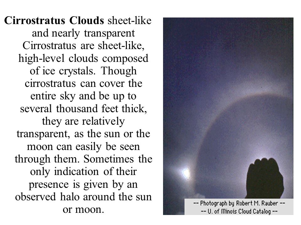 Cirrostratus Clouds sheet-like and nearly transparent Cirrostratus are sheet-like, high-level clouds composed of ice crystals. Though cirrostratus can cover the entire sky and be up to several thousand feet thick, they are relatively transparent, as the sun or the moon can easily be seen through them. Sometimes the only indication of their presence is given by an observed halo around the sun or moon.