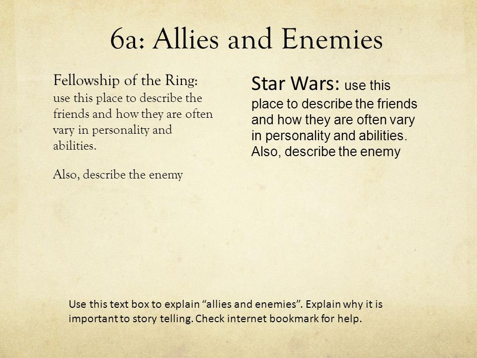 6a: Allies and Enemies Fellowship of the Ring: use this place to describe the friends and how they are often vary in personality and abilities.