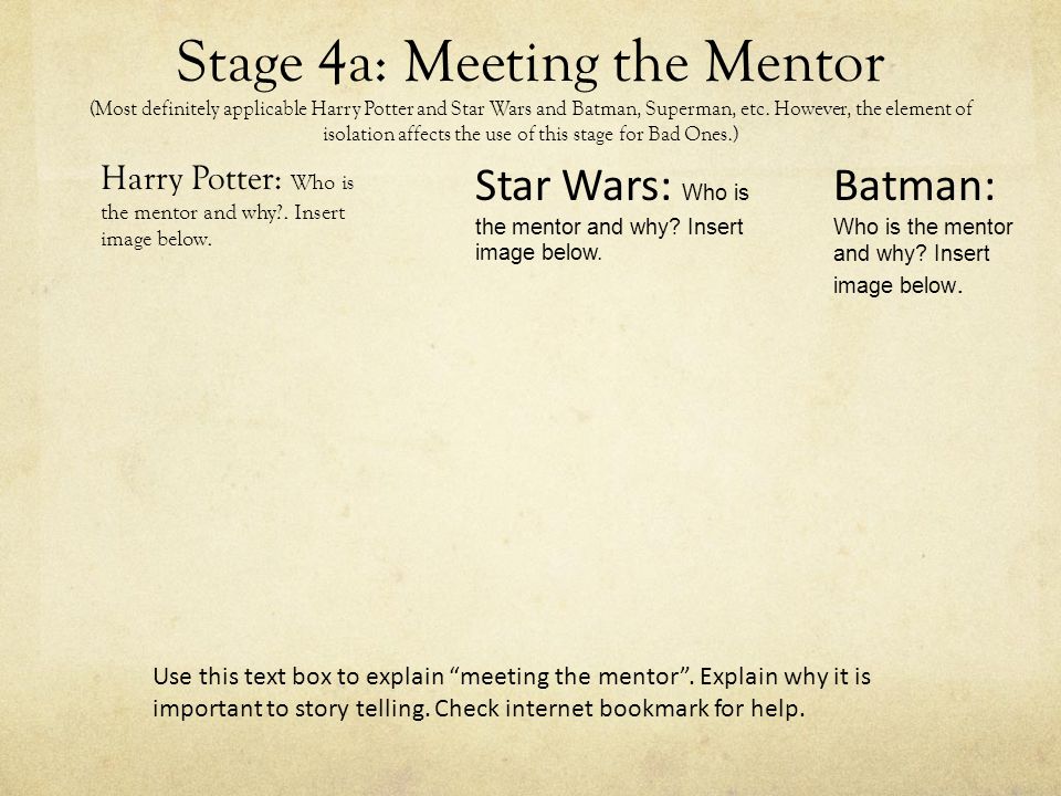 Stage 4a: Meeting the Mentor (Most definitely applicable Harry Potter and Star Wars and Batman, Superman, etc. However, the element of isolation affects the use of this stage for Bad Ones.)