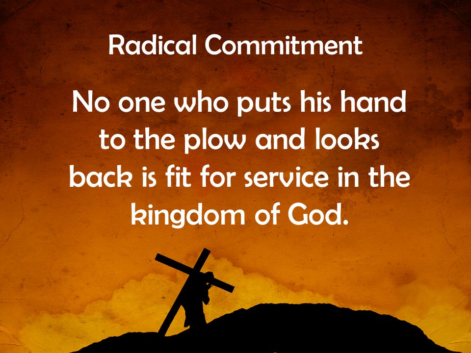 Radical Commitment No one who puts his hand to the plow and looks back is fit for service in the kingdom of God.