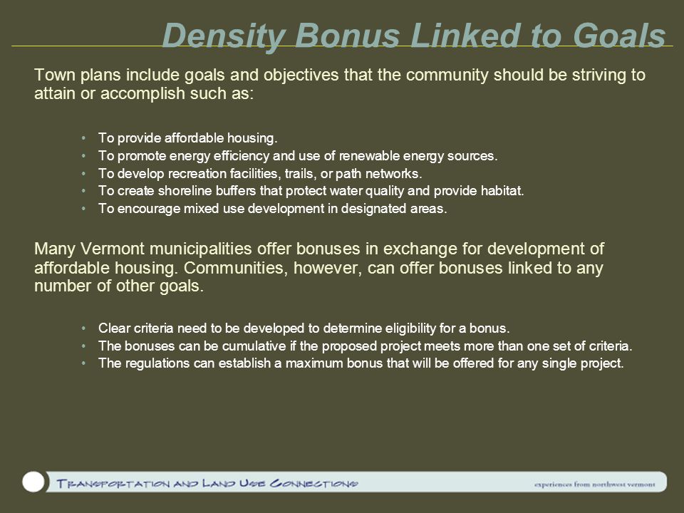 Density Bonus Linked to Goals