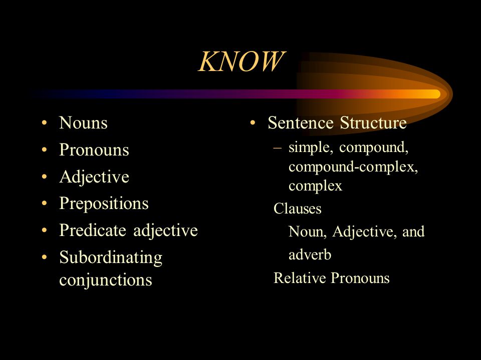 KNOW Nouns Pronouns Adjective Prepositions Predicate adjective