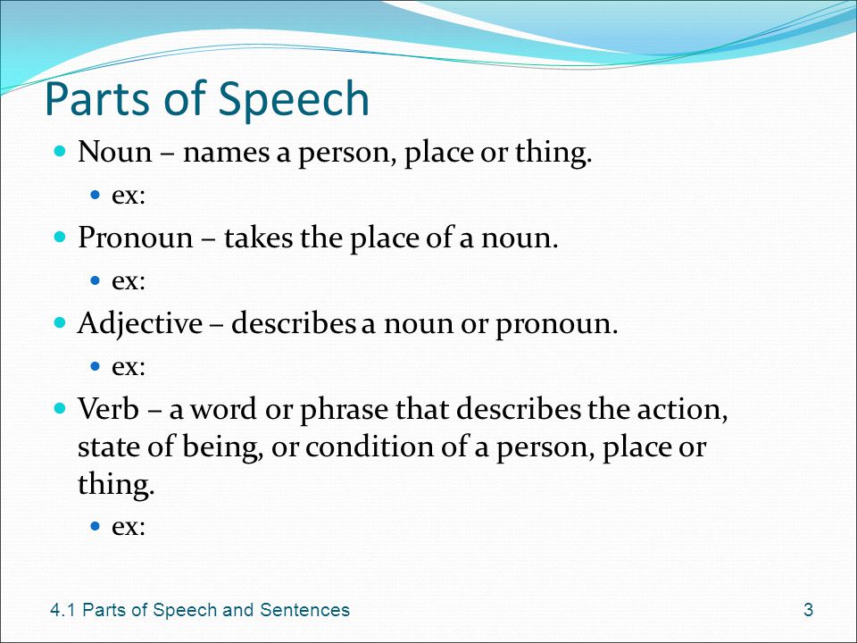 Parts of Speech Noun – names a person, place or thing.