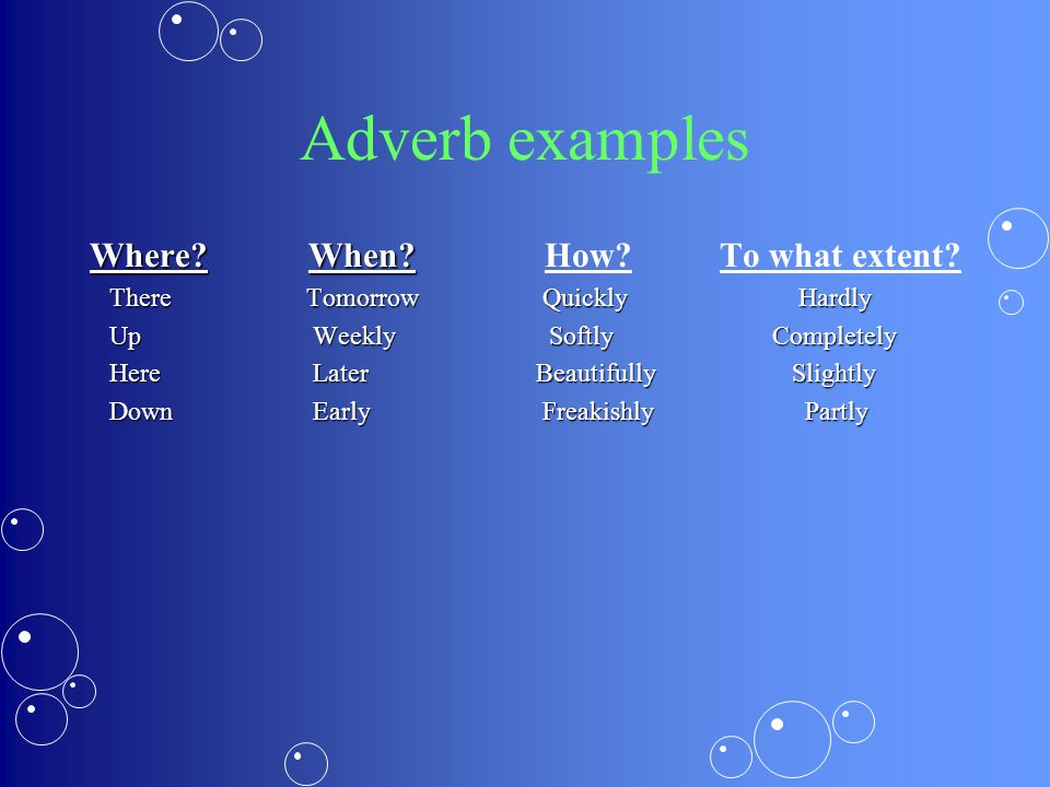 Adverb examples Where When How To what extent