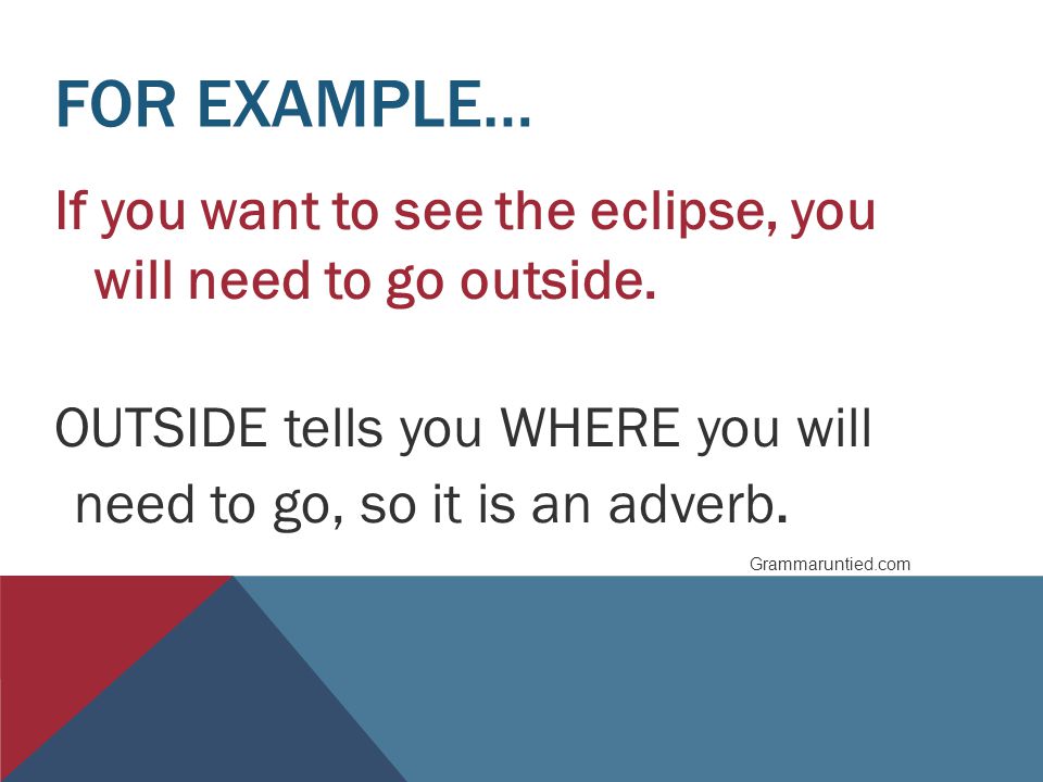For example… If you want to see the eclipse, you will need to go outside. OUTSIDE tells you WHERE you will need to go, so it is an adverb.