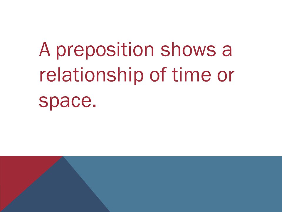 A preposition shows a relationship of time or space.