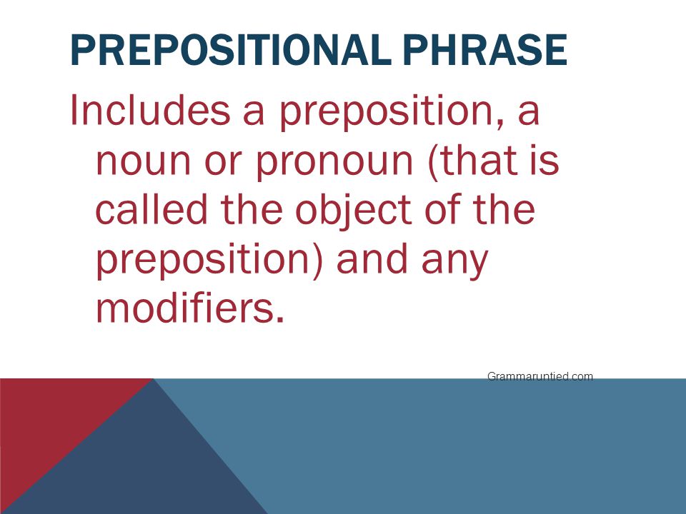 Prepositional Phrase Includes a preposition, a noun or pronoun (that is called the object of the preposition) and any modifiers.