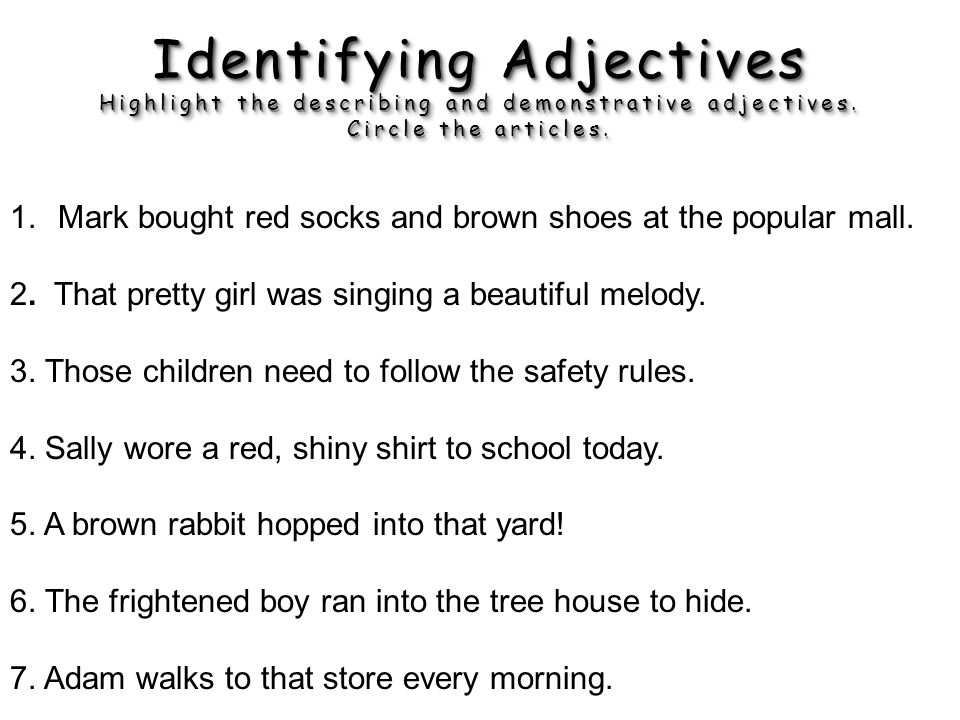 Identifying Adjectives Highlight the describing and demonstrative adjectives. Circle the articles.