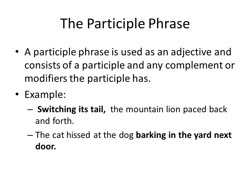 The Participle Phrase A participle phrase is used as an adjective and consists of a participle and any complement or modifiers the participle has.