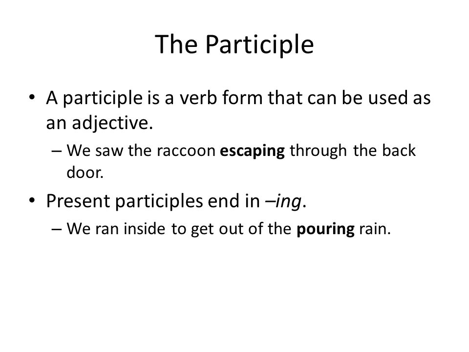The Participle A participle is a verb form that can be used as an adjective. We saw the raccoon escaping through the back door.