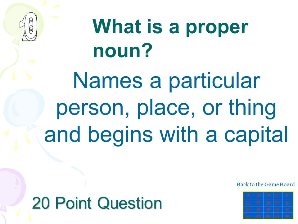Names a particular person, place, or thing and begins with a capital