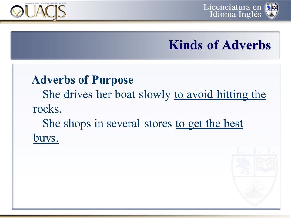 Kinds of Adverbs Adverbs of Purpose She drives her boat slowly to avoid hitting the rocks.