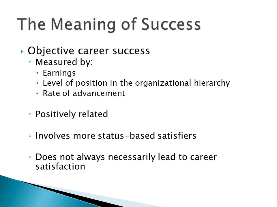 The Meaning of Success Objective career success Measured by: