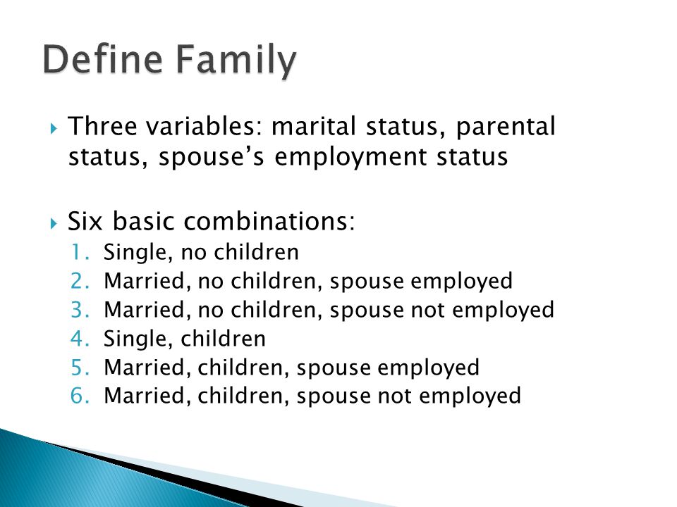 Define Family Three variables: marital status, parental status, spouse’s employment status. Six basic combinations: