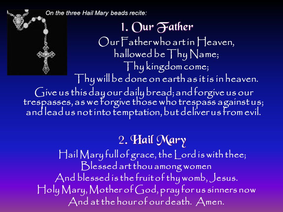 On the three Hail Mary beads recite: