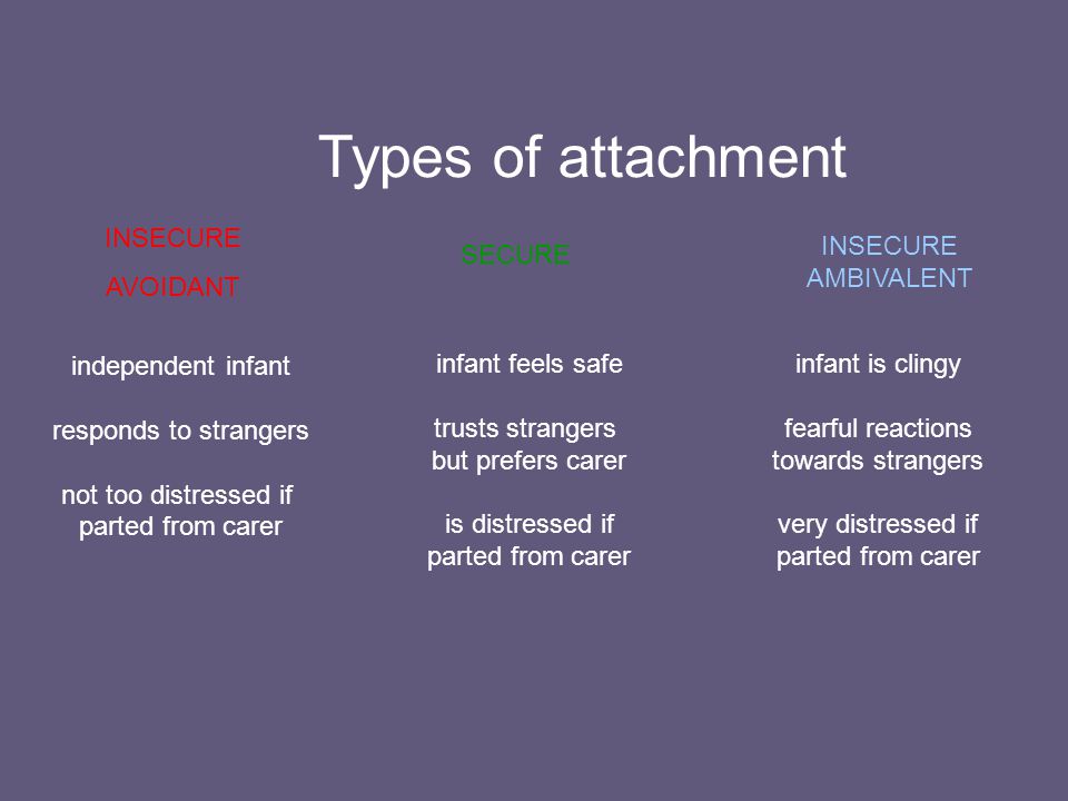 Types of attachment INSECURE AVOIDANT INSECURE AMBIVALENT SECURE