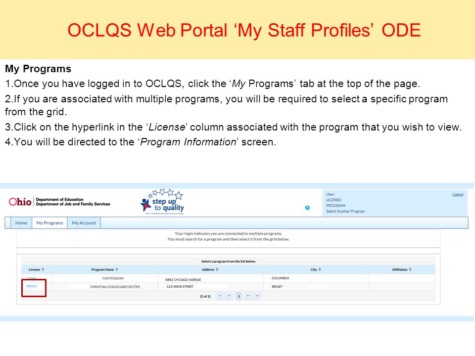 OCLQS Web Portal ‘My Staff Profiles’ ODE
