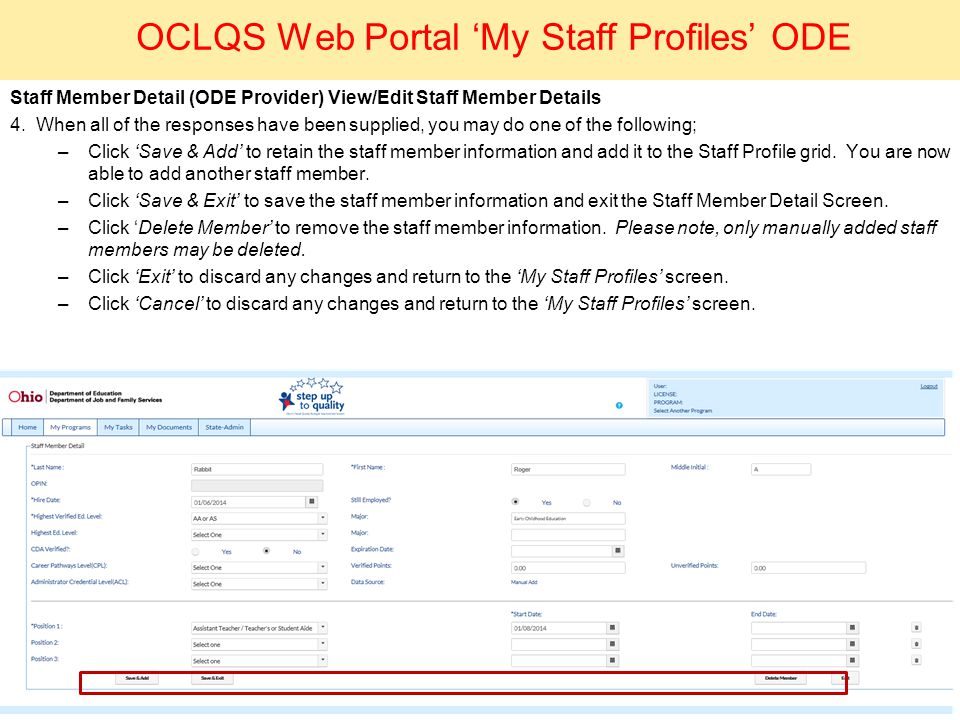 OCLQS Web Portal ‘My Staff Profiles’ ODE