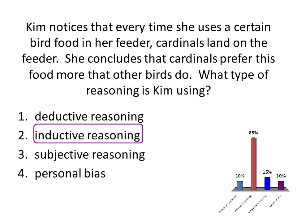 Kim notices that every time she uses a certain bird food in her feeder, cardinals land on the feeder. She concludes that cardinals prefer this food more that other birds do. What type of reasoning is Kim using