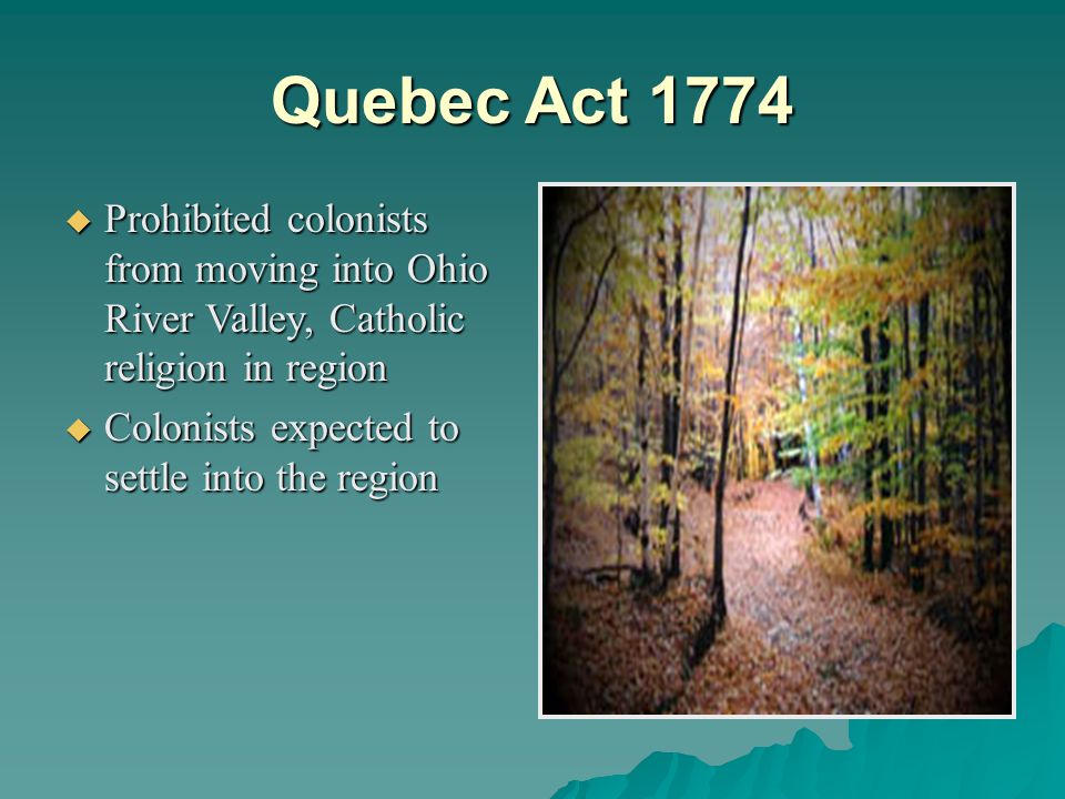 Quebec Act 1774 Prohibited colonists from moving into Ohio River Valley, Catholic religion in region.