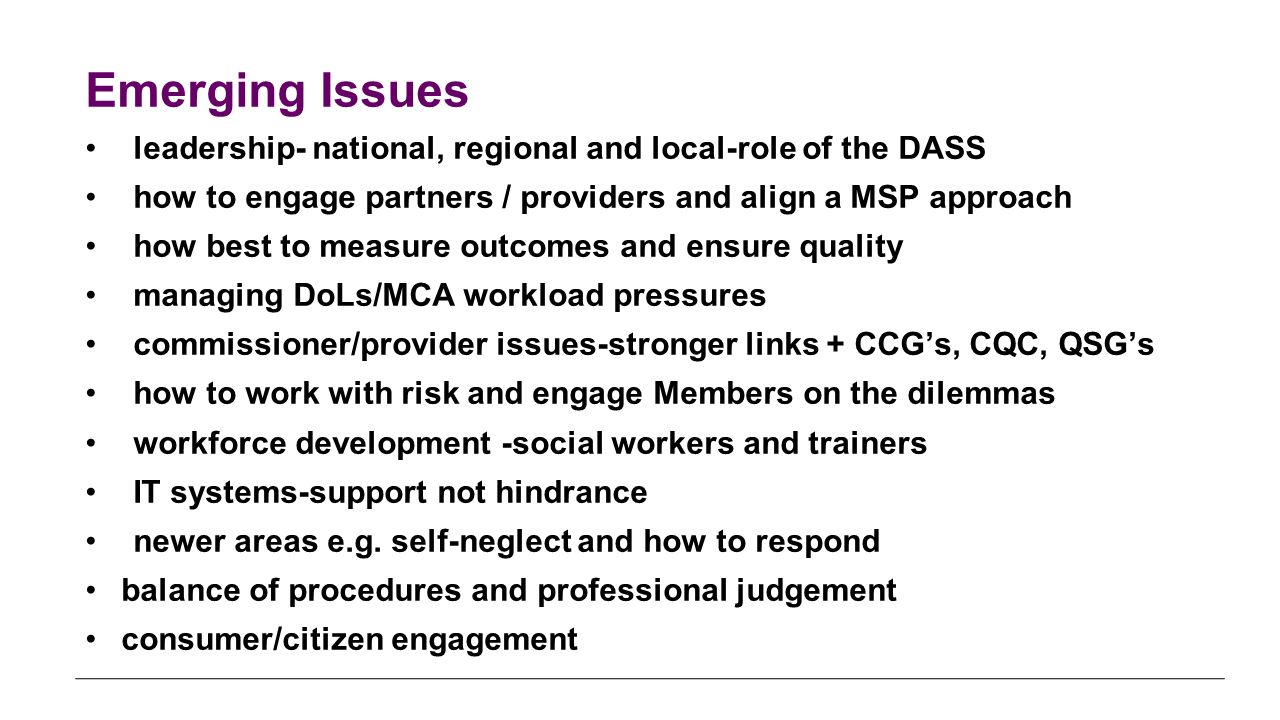 Emerging Issues leadership- national, regional and local-role of the DASS. how to engage partners / providers and align a MSP approach.