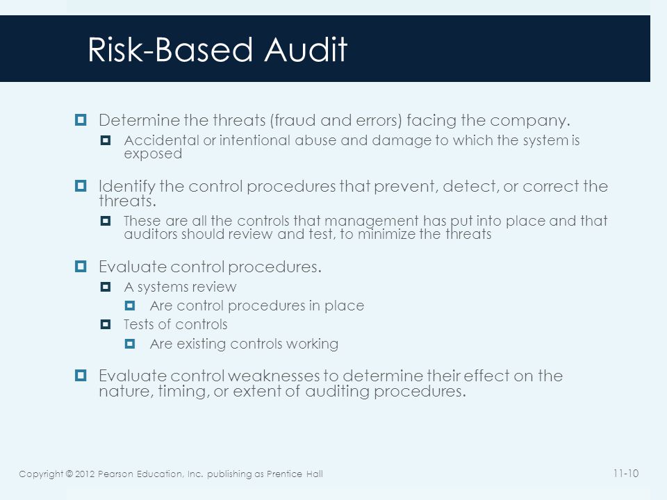 Risk-Based Audit Determine the threats (fraud and errors) facing the company.