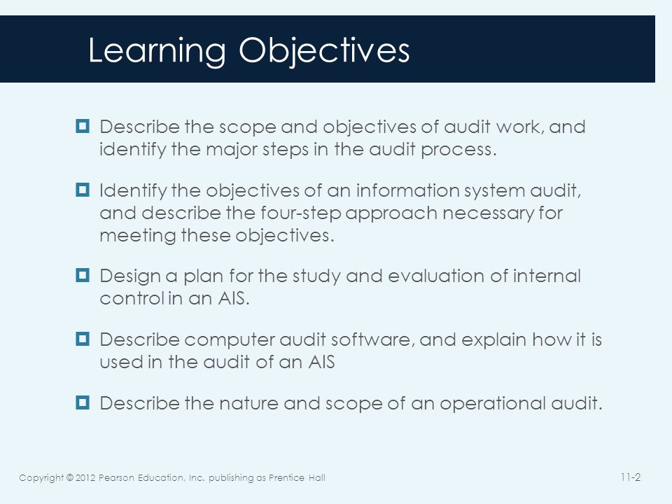 Learning Objectives Describe the scope and objectives of audit work, and identify the major steps in the audit process.