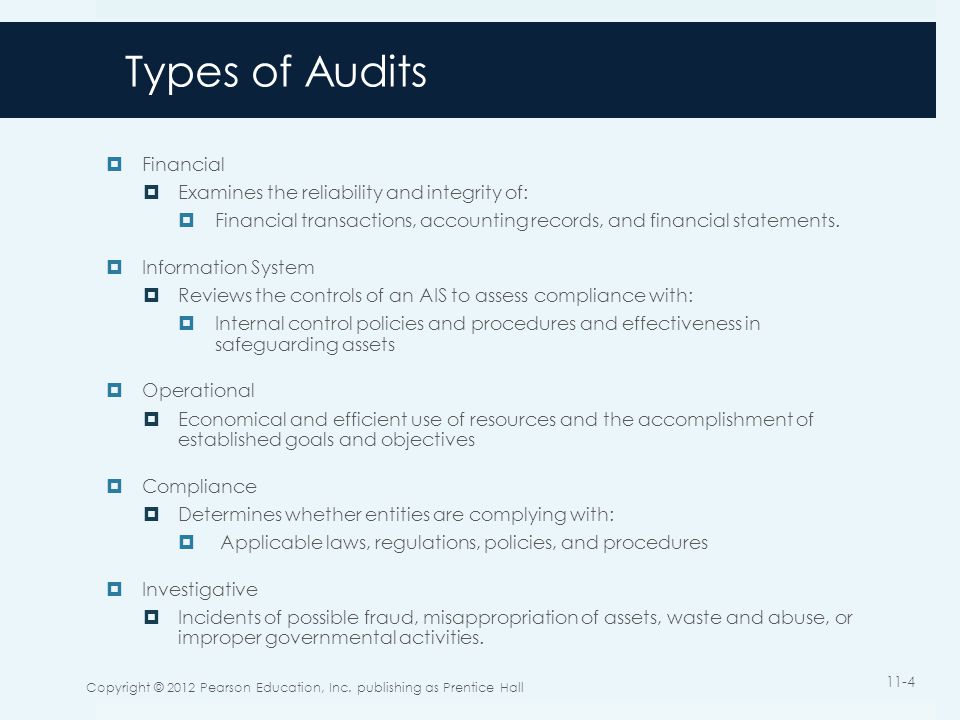 Types of Audits Financial Examines the reliability and integrity of: