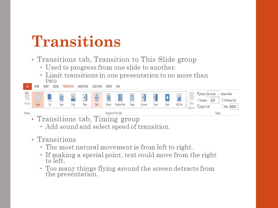 Transitions Transitions tab, Transition to This Slide group