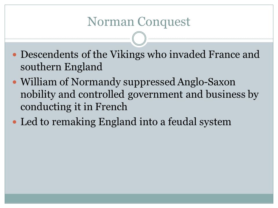 Norman Conquest Descendents of the Vikings who invaded France and southern England.