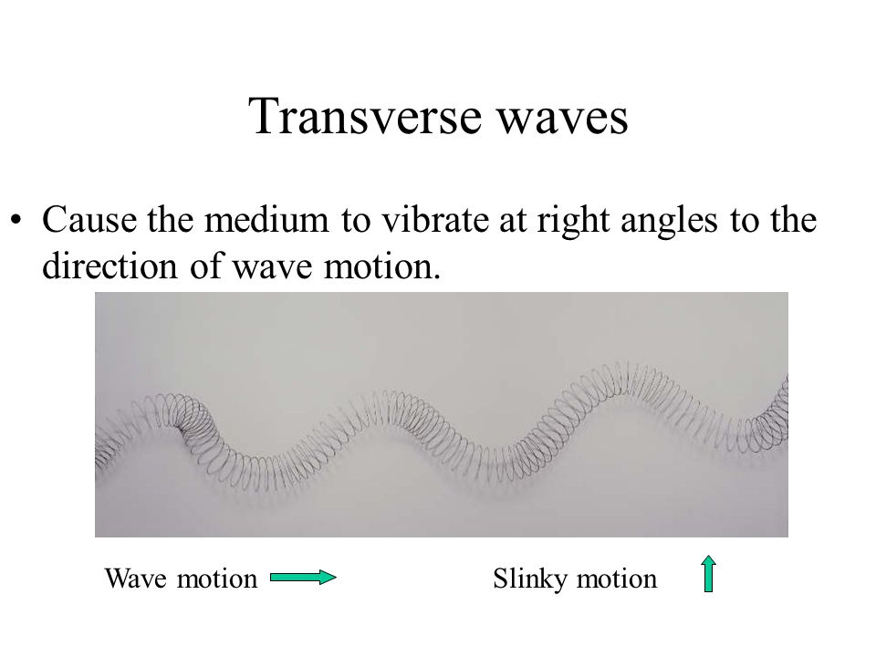 Transverse waves Cause the medium to vibrate at right angles to the direction of wave motion.