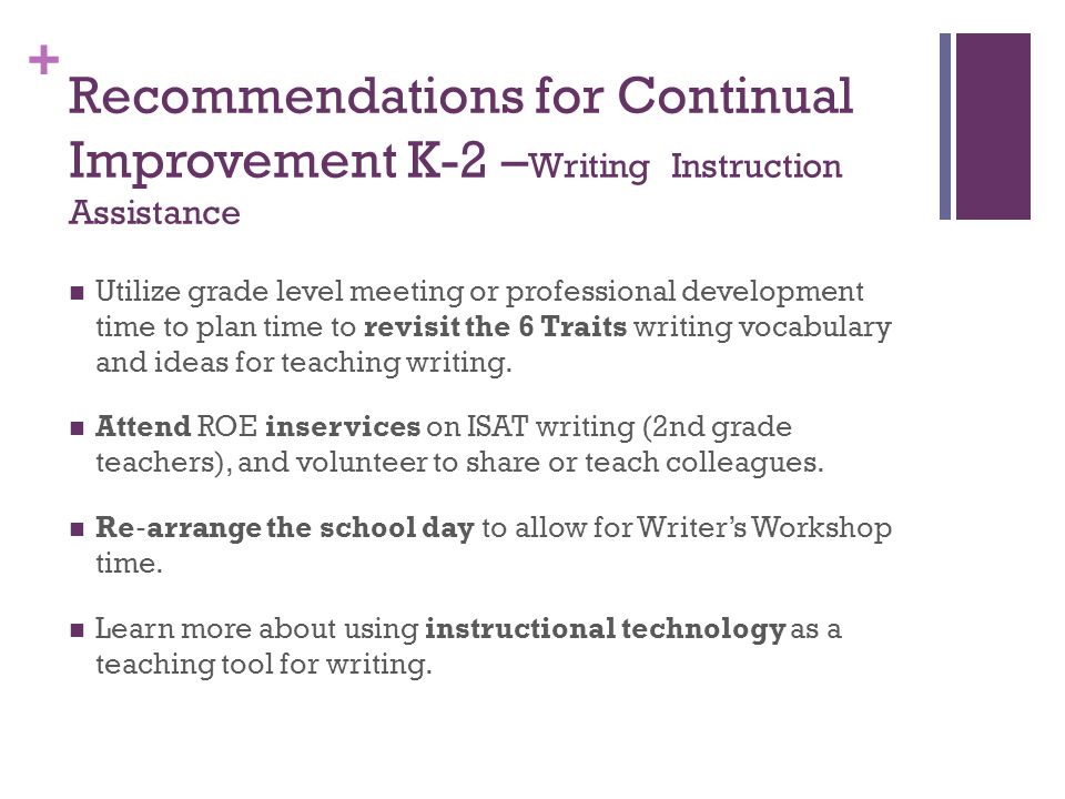 Recommendations for Continual Improvement K-2 –Writing Instruction Assistance