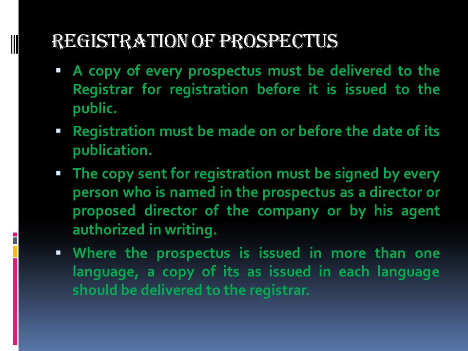 Registration of Prospectus