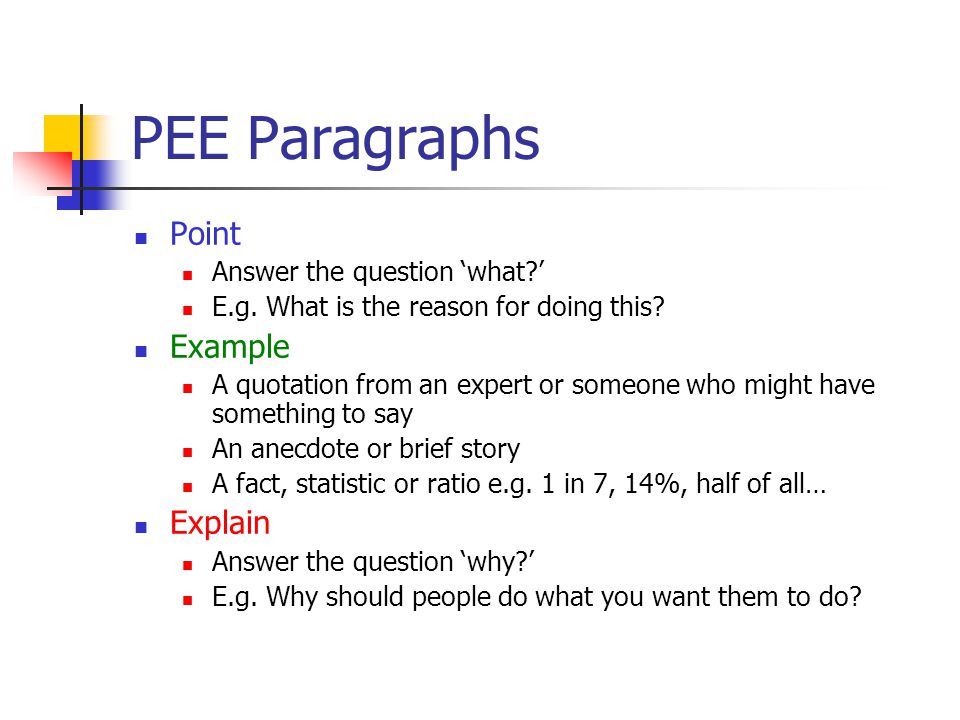 PEE Paragraphs Point Example Explain Answer the question ‘what ’