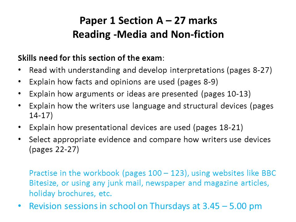 Paper 1 Section A – 27 marks Reading -Media and Non-fiction