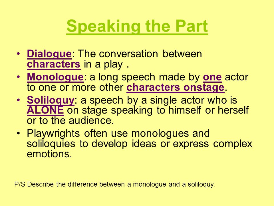 Speaking the Part Dialogue: The conversation between characters in a play .