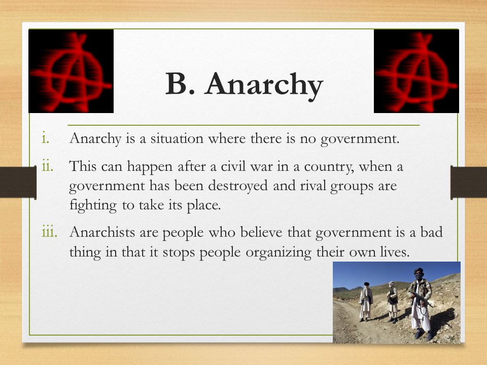 B. Anarchy Anarchy is a situation where there is no government.
